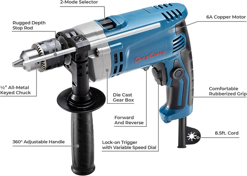 DongCheng Hammer Drill 6A,1/2 Inch Keyed Chuck, 0-3000 RPM/45000 BPM Impact Drill with 15PCS Drilling Bits for Brick Wall, Metal & Wood, DZJ05-13