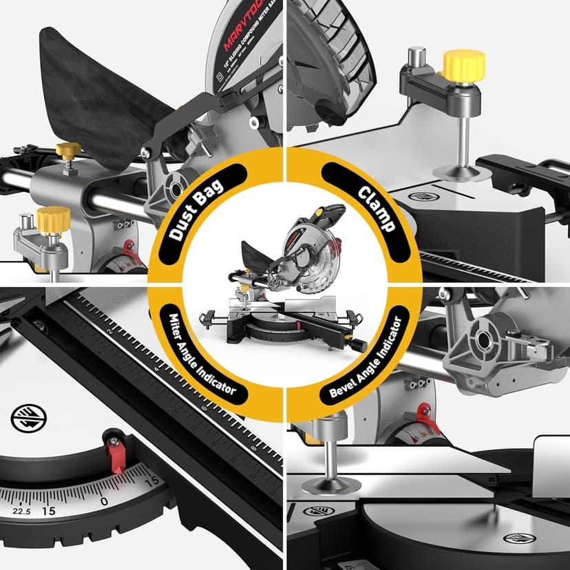 10-inch Sliding Compound Miter Saw, 5000RPM, 15 Amp, Single Bevel 0-45° with Extension Table, 36T Blade, Power Saw for Metal, Plastic, Wood, Laminates
