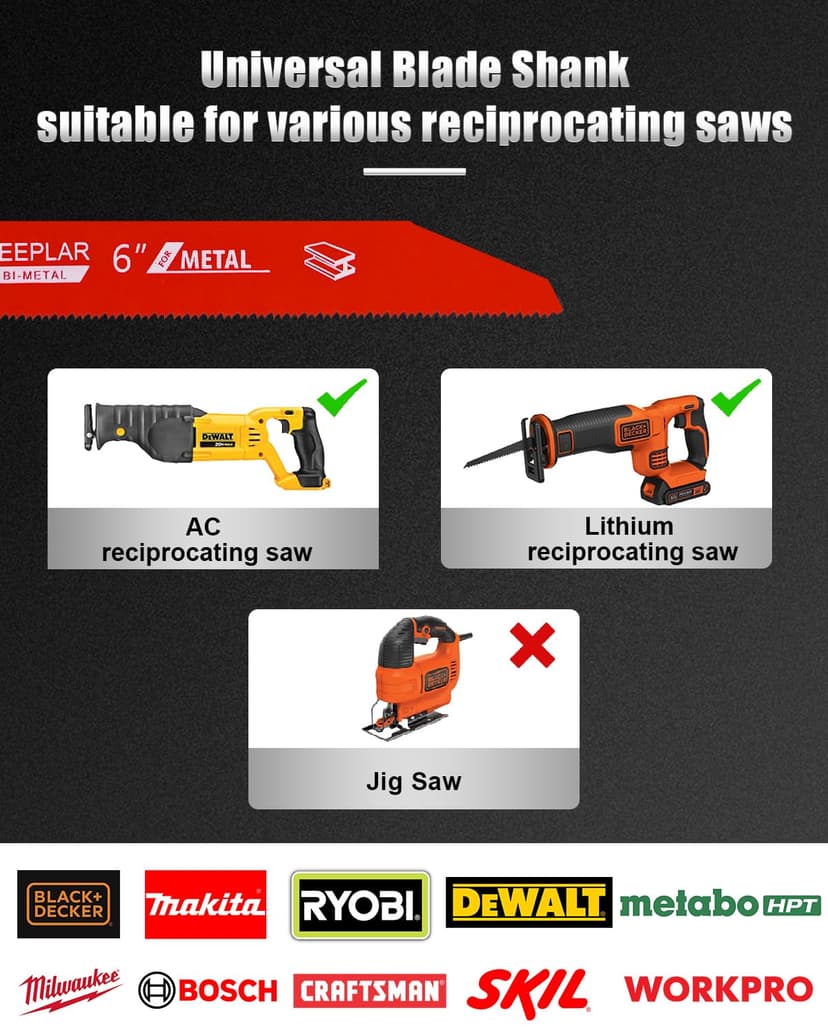 10 Pack 6 inch 14/18 TPI Bi-Metal Auto Dismantling Sawzall Blade for Metal, 6” 18-TPI Reciprocating Saw Blades