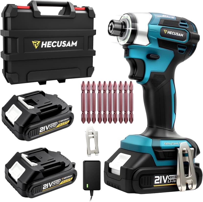 Impact Driver Kit,21V Max Torque 3095 In-lbs(350 N.m) Cordless Impact Driver Set with Two 2.0 Ah Battery, 1/4" Hex Chuck Power Impact Drill, 0-4000 RPM Variable Speed,10Pcs Bits,Toolboxes