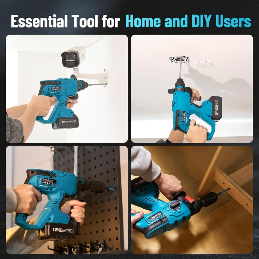 Seesii 21V Cordless Rotary Hammer Drill, 2x4.0Ah Battery Power Hammer with SDS-Plus Change Adapter Including 3 Drill Bits, Flat/Point Chisels Lightweight Electric Hammer Drill for DIY Projects