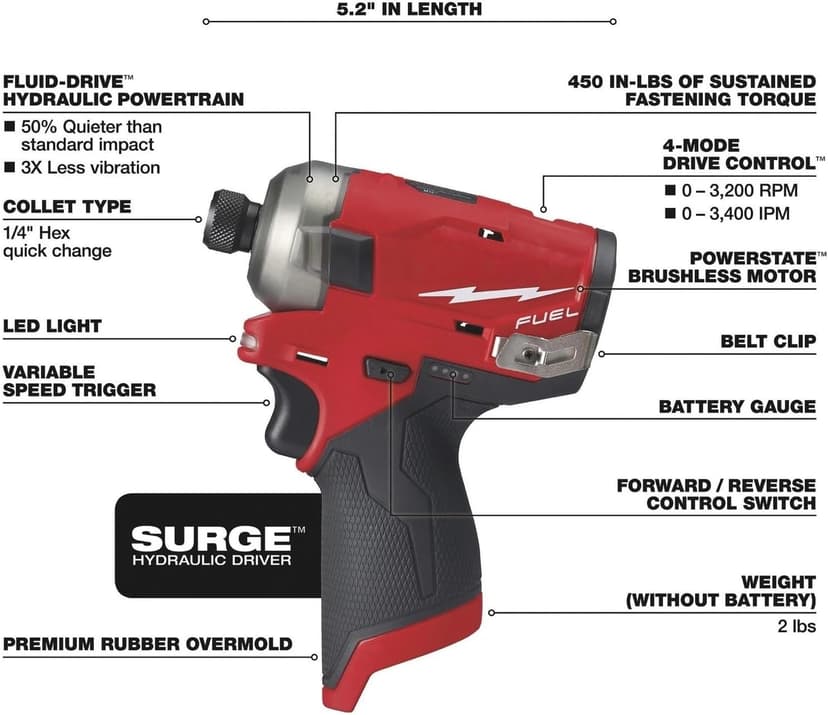 2551-20 for Milwaukee M12 FUEL 1/4" Hex Hydraulic Driver Length 5.2 in Height 6.8 in Width 2.2 in