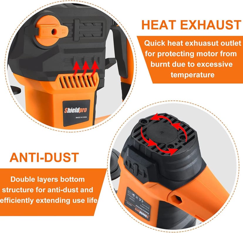 SHIELDPRO 1-1/4 Inch SDS-Plus 13 Amp Rotary Hammer Drill Heavy Duty, Safety Clutch 3 Functions with Vibration Control,Including Grease, Flat Chisels, Point Chisels and 3 Drill Bits