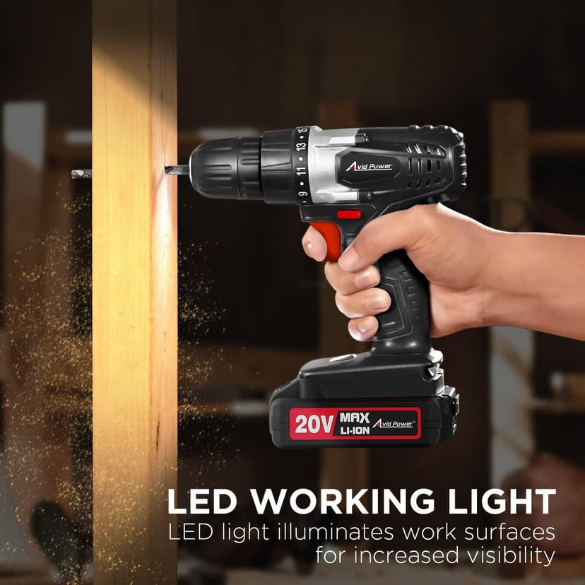 AVID POWER 20V MAX Lithium lon Cordless Drill, Power Drill Set with 3/8-Inch Keyless Chuck, Variable Speed, 16 Position and 22pcs Bits (Black)