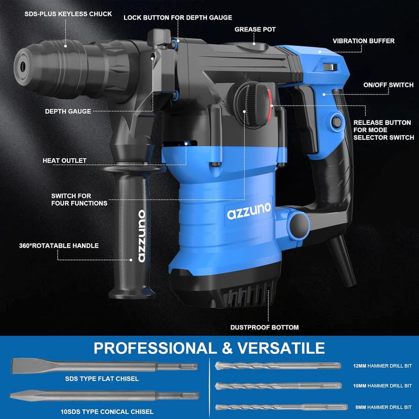 AZZUNO 1-1/4" SDS-Plus 15Amp Heavy Duty Rotary Hammer Drill, 4 Functions, for Drilling in Concrete, Brick and Stone, Includes Chisel and Drill Bits