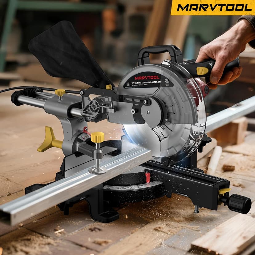 10-inch Sliding Compound Miter Saw, 5000RPM, 15 Amp, Single Bevel 0-45° with Extension Table, 36T Blade, Power Saw for Metal, Plastic, Wood, Laminates