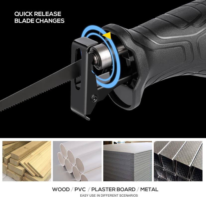 Reciprocating Saw, 6Amp 2800RPM Variable Speed Reciprocating Saw with 4/5"(20mm) Stroke Length, 3Pcs Blades for Wood, Soft Metal, PVC Pipe Cutting