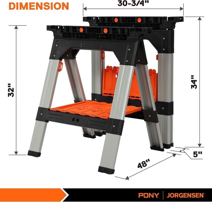 PONY 2-Pack Clamping Sawhorses, 1200 LBS Load Capacity, 30-3/4" Folding Sawhorse with 12” F Clamps, Bench Dogs, Angle Clamps, 2" Spring Clamps, Steel Legs, Heavy Duty for Woodworking