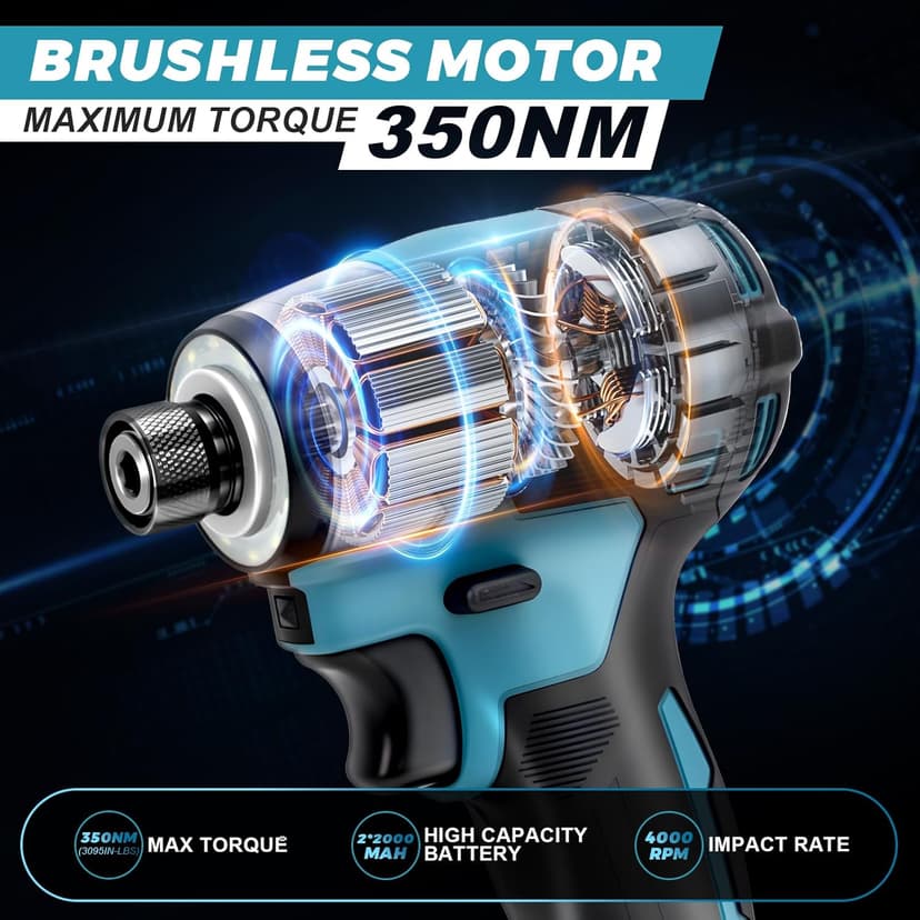 Impact Driver Kit,21V Max Torque 3095 In-lbs(350 N.m) Cordless Impact Driver Set with Two 2.0 Ah Battery, 1/4" Hex Chuck Power Impact Drill, 0-4000 RPM Variable Speed,10Pcs Bits,Toolboxes
