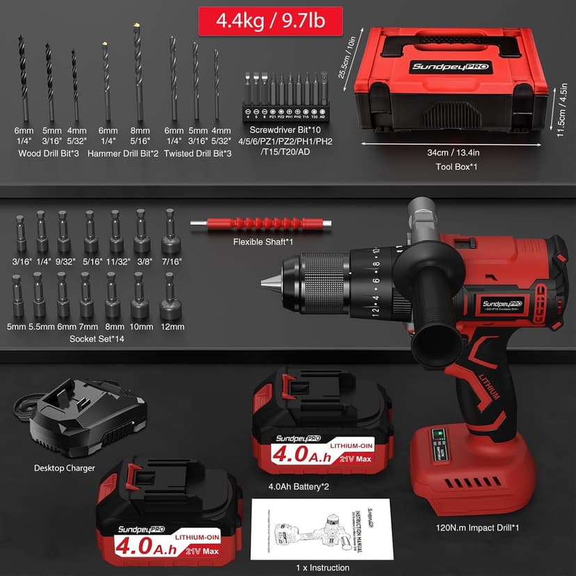 1060In·lbs Cordless Drill Driver - 20+3 Torque Brushless Hammer Drill with 2 x 4.0Ah Battery & Fast Charger - 21V Electric Power Drills Set with 2 Speeds & 1/2 Inch Self-locking Metal Chuck