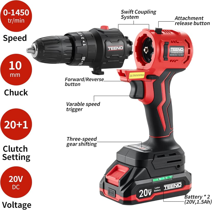 Cordless Drill and Impact Driver, Electric Drill and Impact Driver Combo Kit with 3/8-inch Electric Drill and 1/4-inch Impact Driver with 2 * 1.5A Batteries