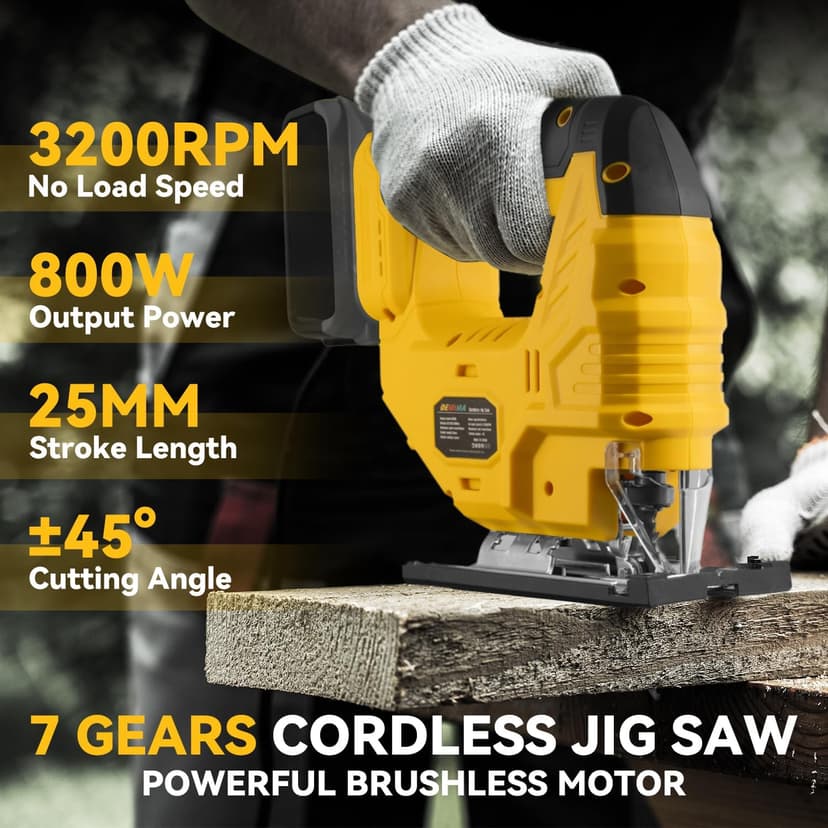 Cordless Jig Saw for De-Walt 20V Battery, 7 Speed Variable Up to 3200RPM, LED Light, 45° Bevel Cuts, 3 Orbital Motions, with Jig Saw Blade for Straight/Curve/Circle Cutting(Battery Not Include)