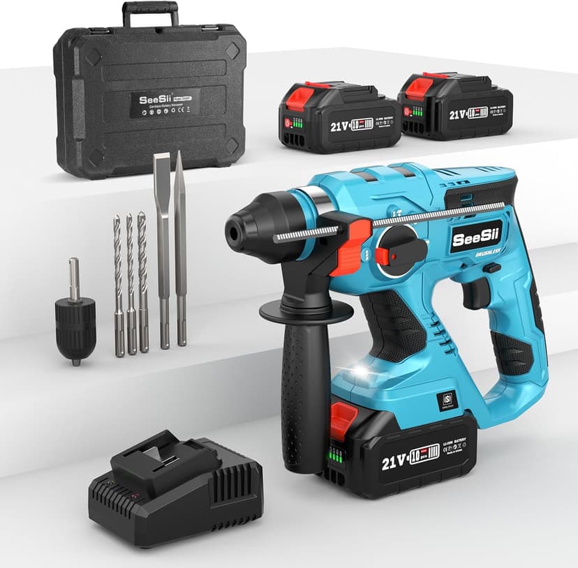 Seesii 21V Cordless Rotary Hammer Drill, 2x4.0Ah Battery Power Hammer with SDS-Plus Change Adapter Including 3 Drill Bits, Flat/Point Chisels Lightweight Electric Hammer Drill for DIY Projects