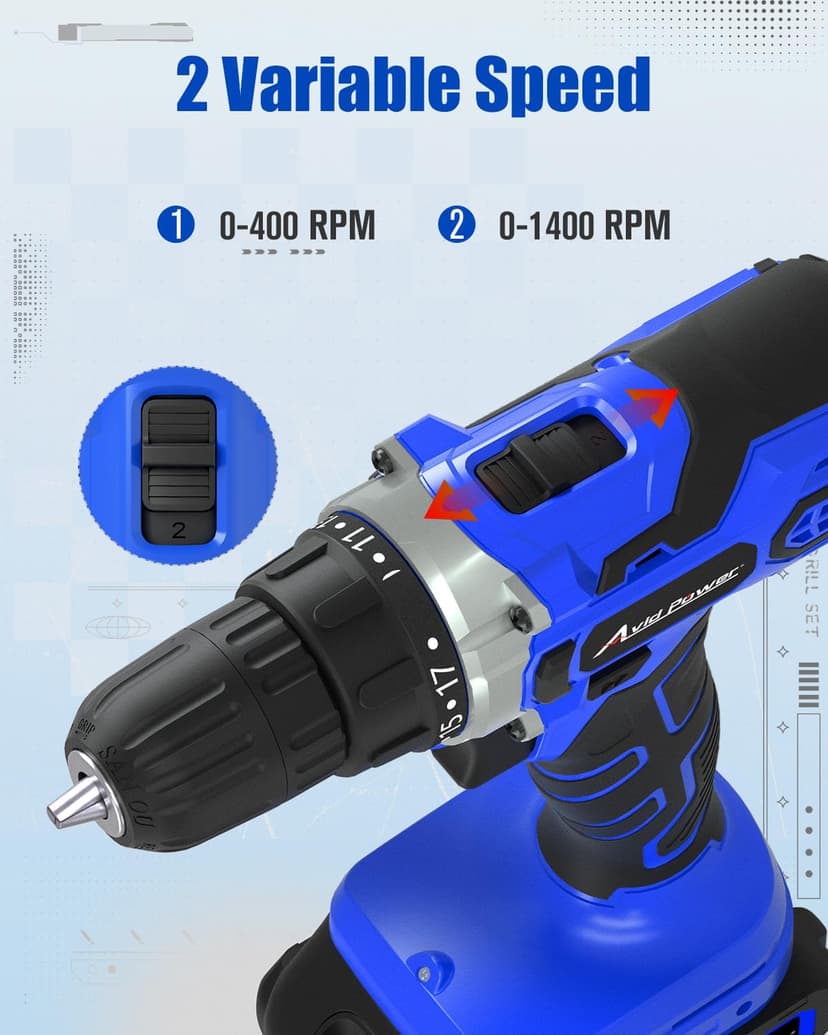 AVID POWER 20V MAX Power Drill Kit, Cordless Drill Set with Battery and Charger, 2 Variable Speed, 3/8-Inch Keyless Chuck, 19 Position and 22pcs Bits - Blue