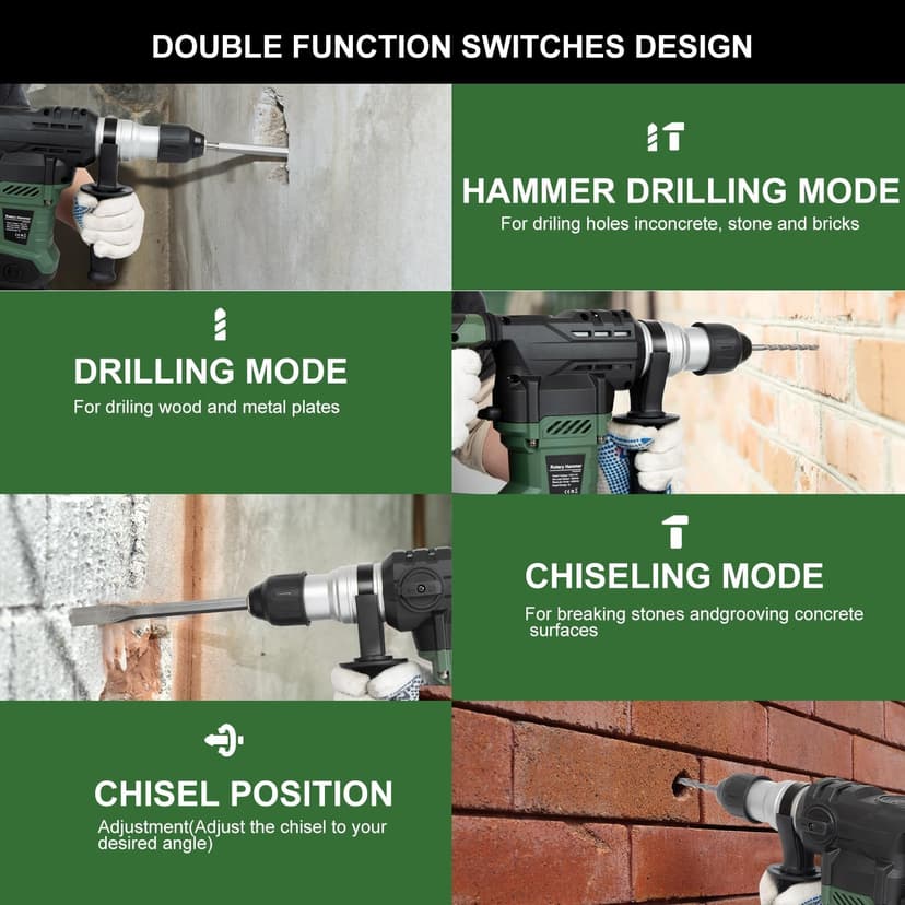 Prostormer 1-1/4" SDS-Plus Rotary Hammer, 13 Amp Powerful Motor, 4 Functions Rotary Hammer Drill with Case, Including Grease, Chisels, Drill Bits, for Concrete, Steel, Wood