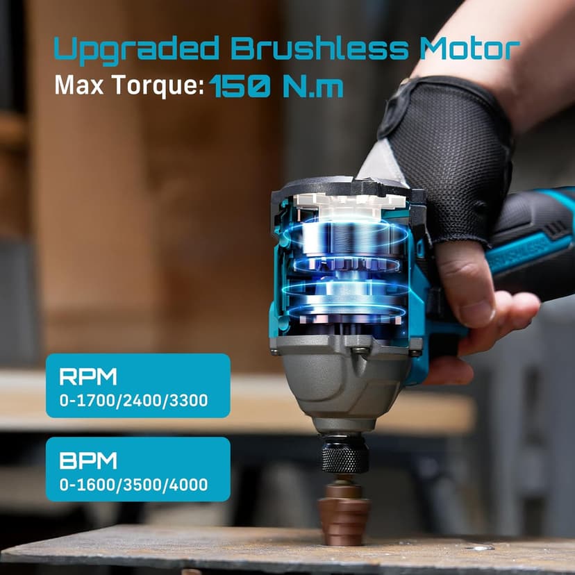 SEESII 16.8V Impact Driver Kit, 1/4" Hex Cordless Impact Driver Set & 2×2.0Ah Batteries, 150N.m Max Torque(1327 In-lbs) Brushless Power Impact Driver w/ 16Pcs Drill Bits, 0-3300RPM Variable Speed