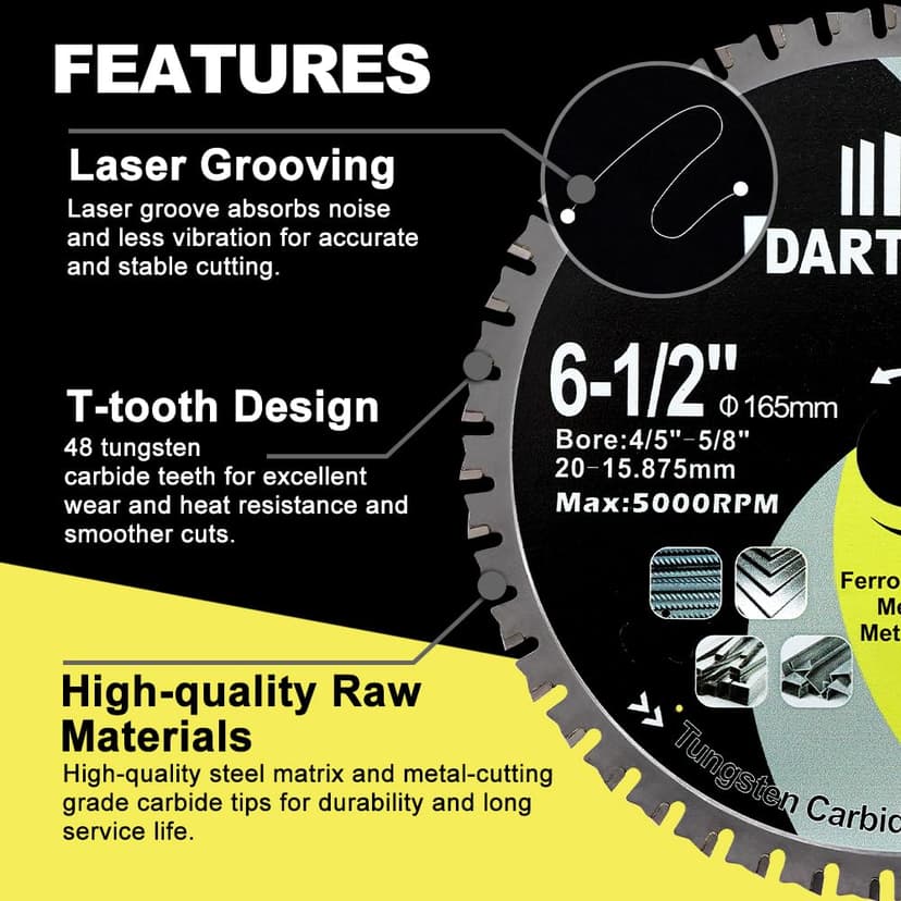 6-1/2"/165mm Metal Cutting Disc, DARTOTEK Circular Saw Blade 48T,Tungsten Carbide Tipped TCT Cut Off Wheel for Steel, Ferrous Steel Pipe with 4/5"-5/8" Arbor