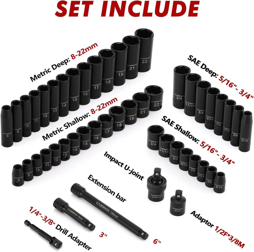 CASOMAN 3/8" Drive Impact Socket Set, 49 Piece Standard SAE and Metric Sizes (5/16-Inch to 3/4-Inch and 8-22 mm), 6 Point, Cr-V Steel Socket Set
