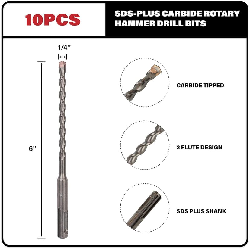 10-Pack 1/4 Inch x 6 Inch SDS Plus Rotary Hammer Drill Bits, Carbide Tipped for Brick, Stone and Concrete (1/4” x 4" x 6")