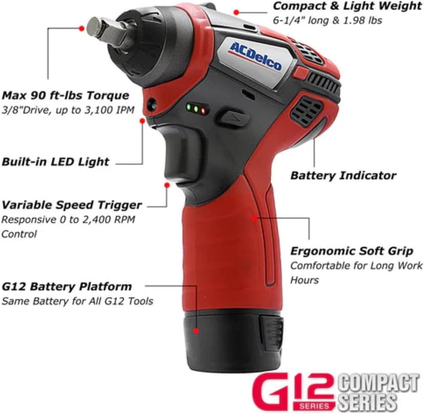 ACDelco 3/8 Power Impact Wrench 90ft-lbs, 3100 RPM, LED Light Cordless Li-ion 12V Max Compact Tool, Kit, Charger, G12 Series ARI12104