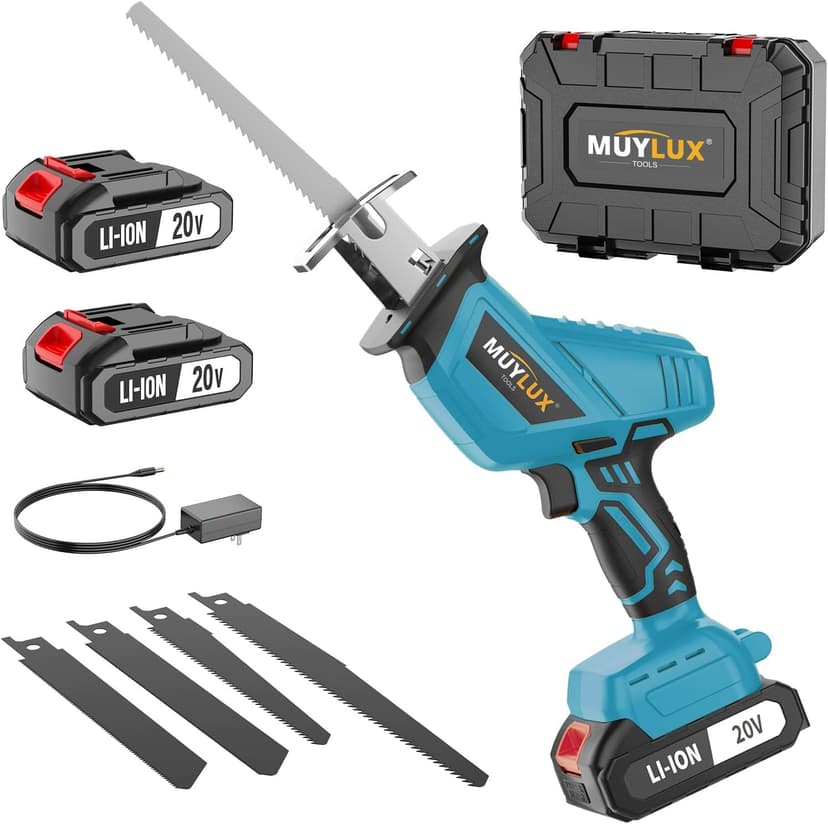 Cordless Reciprocating Saw 20V with 2 Batteries & Charger, Variable Speed 0-3000SPM, Tool-Free Blade Change, Includes 4 Saw Blades for Wood, Metal, PVC and Tree Cutting