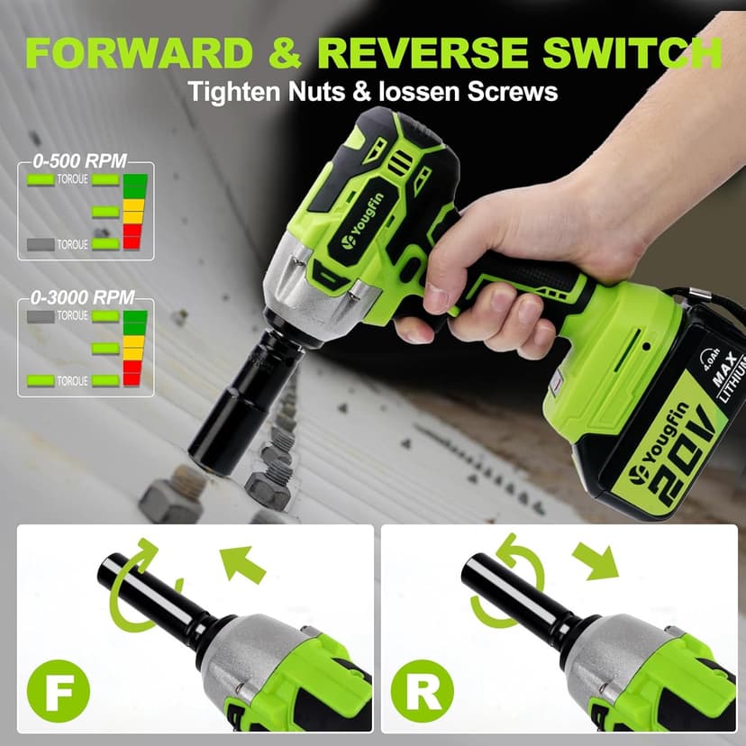 Yougfin Cordless Impact Wrench 1/2 inch for Lug Nuts, 20V Brushless Power Impact Gun Kit 400N.M, 4.0 Ah Battery Powered Impact Driver Heavy Duty, Electric Impact Wrench for Car Home