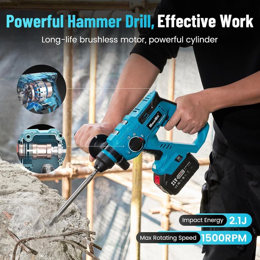Seesii 21V Cordless Rotary Hammer Drill, 2x4.0Ah Battery Power Hammer with SDS-Plus Change Adapter Including 3 Drill Bits, Flat/Point Chisels Lightweight Electric Hammer Drill for DIY Projects
