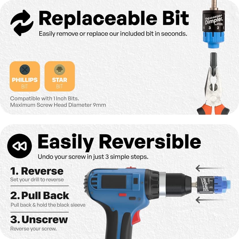 Adjustable DIMPLER ® - Drywall Bit & Screw Gun Attachment, Converts Drill into Drywall Screw Gun or Deck Screwdriver, Magnetic Bit Holder for Fast, Accurate Installation