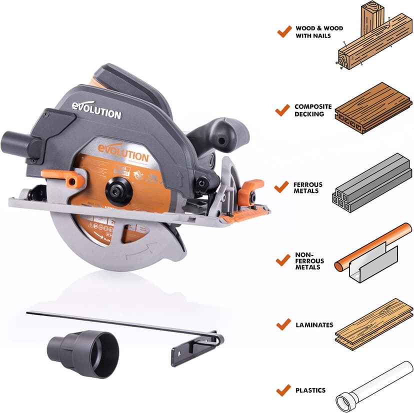 Evolution Power Tools R185CCS 7-1/4" TCT Multi-Material Cutting Circular Saw, 7-1/4", Orange