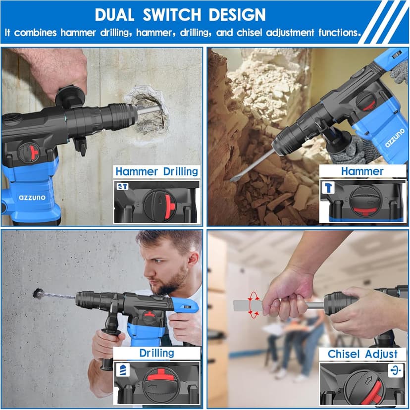 AZZUNO 1-1/4" SDS-Plus 15Amp Heavy Duty Rotary Hammer Drill, 4 Functions, for Drilling in Concrete, Brick and Stone, Includes Chisel and Drill Bits