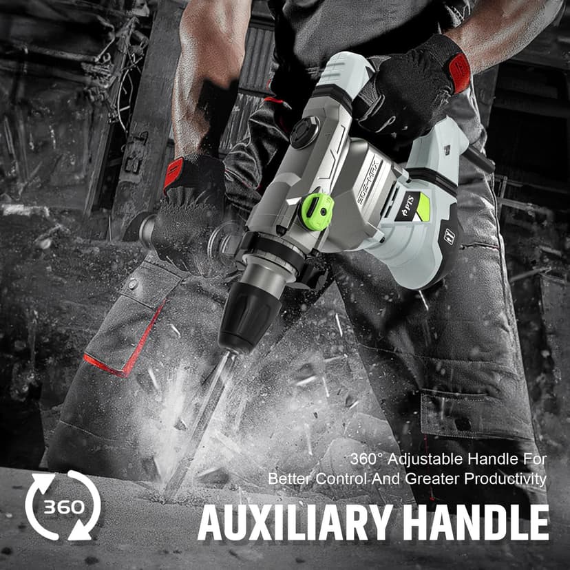 PTS 1-9/16 Inch SDS-Max Rotary Hammer, 13.5 Amp Heavy Duty 3 Functions Corded Concrete Demolition Hammer, w/Vibration Control & Safety Clutch, Includes Drill Bits, Chisels, Carrying Case (Green)