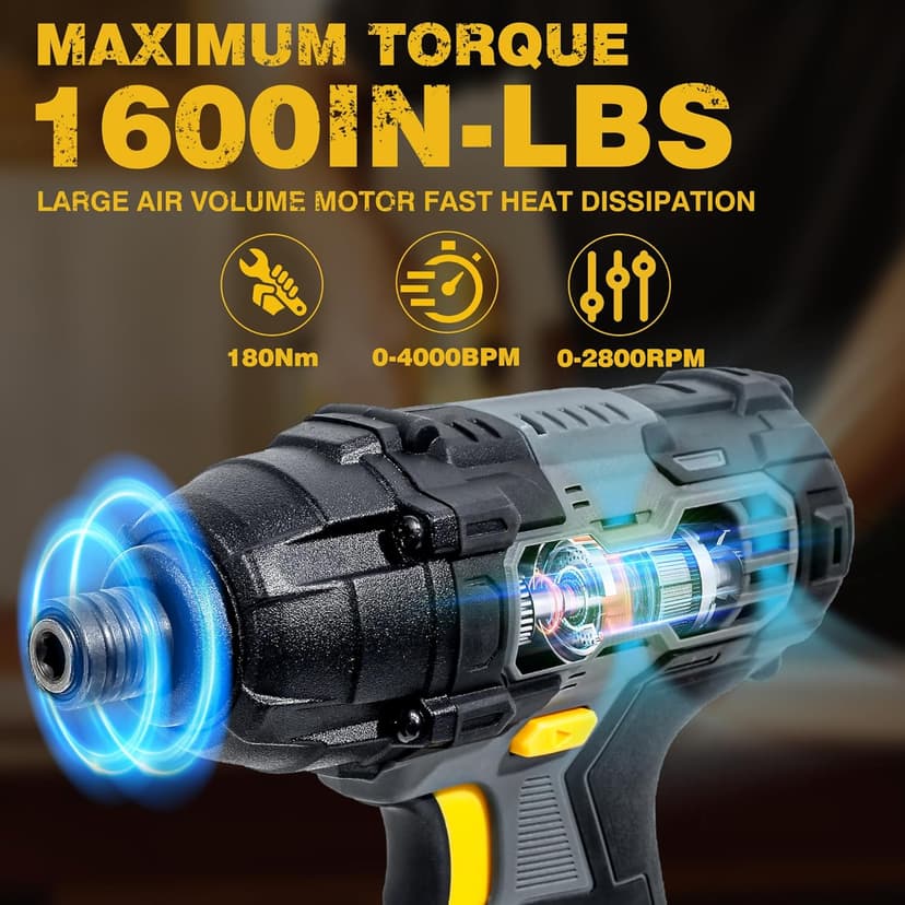 RIDA Impact Driver Kit 180Nm 20V Cordless Impact Drill/Driver Set 1/4" All-Metal Hex Chuck 0-2800RPM Variable Speed, 2000mAh Lithium-ion Battery & 1H Fast Charger, 25 Pcs Driver Bits and Tool Bag