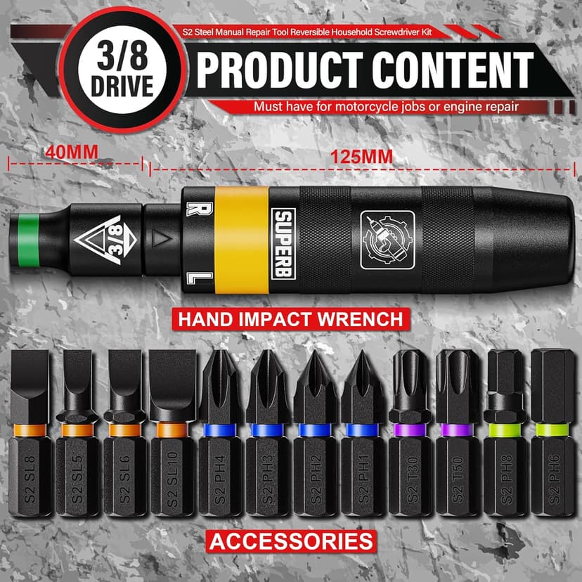 3/8" Hand Reversible Impact Driver Set, Manual Impact Screwdriver Kit, for Removing Damaged, Rusted Screw Bolt & Fasteners, 13PCS