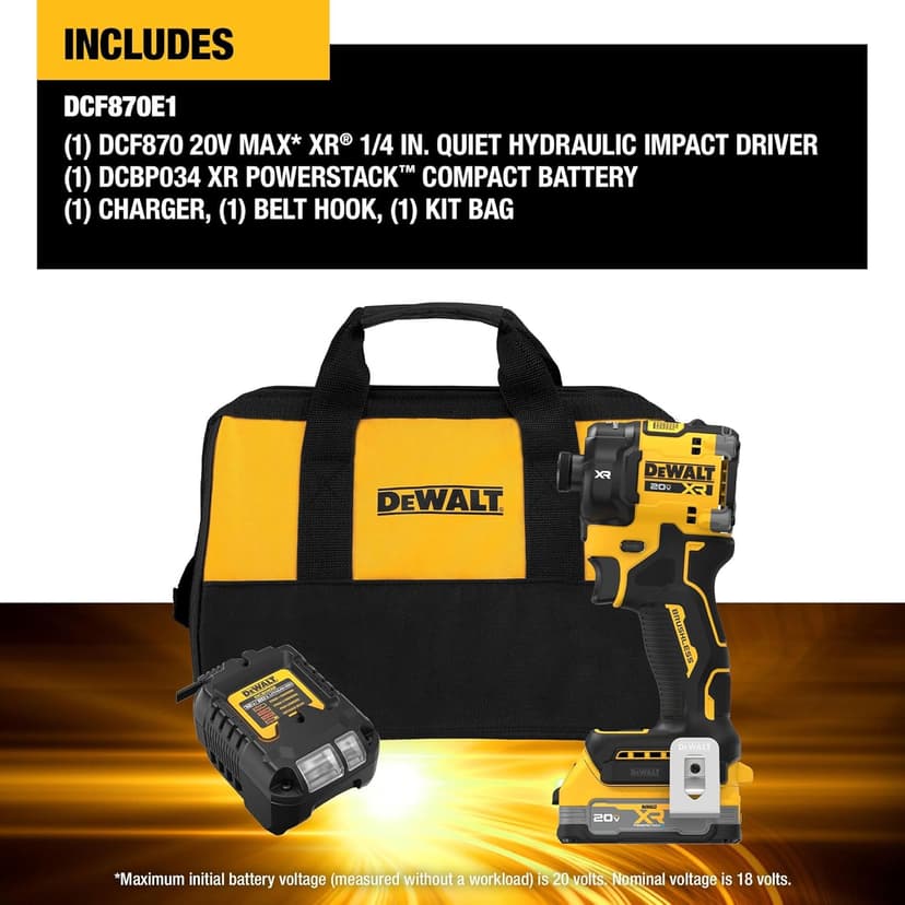 DEWALT 20V MAX XR 1/4 Inch Quiet Hydraulic Cordless Impact Driver Kit with POWERSTACK Battery and Charger (DCF870E1)