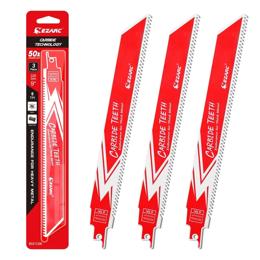 EZARC Carbide Reciprocating Saw Blade R978HM Endurance for Thick Metal, Cast Iron, Alloy Steel 9-Inch 8TPI, 3-Pack
