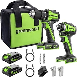 Greenworks 24V Cordless Brushless 400 in-lbs Drill/Driver+1950 in-lbs Impact Driver Combo,High Torque, Lightweight, (2) 2.0Ah USB-C Batteries(12,000mAh Power Bank) and 65W USB-C Fast Charger(3-Port)