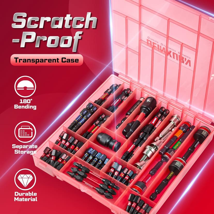 98Pieces 1”/2” Impact Screwdriver Bits Set, Magnetic S2 Steel (Phillips/Slotted/Square/Torx/Hex/Security Torx) Driver Bits Tips,Impact Bit Holder and Nut Driver with Red Storage Box Case