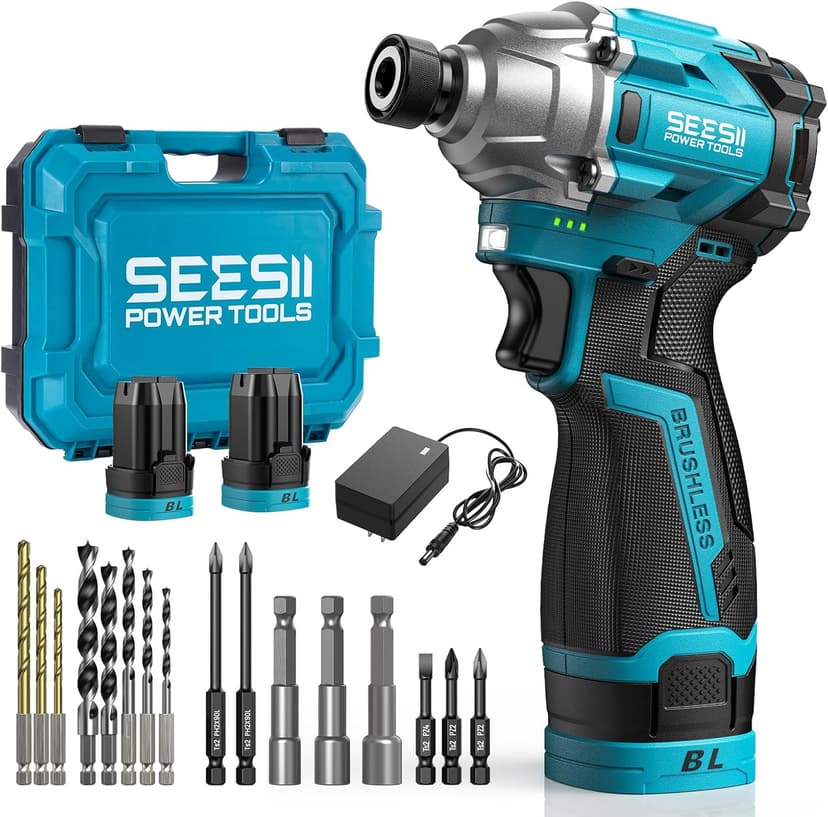 SEESII 16.8V Impact Driver Kit, 1/4" Hex Cordless Impact Driver Set & 2×2.0Ah Batteries, 150N.m Max Torque(1327 In-lbs) Brushless Power Impact Driver w/ 16Pcs Drill Bits, 0-3300RPM Variable Speed