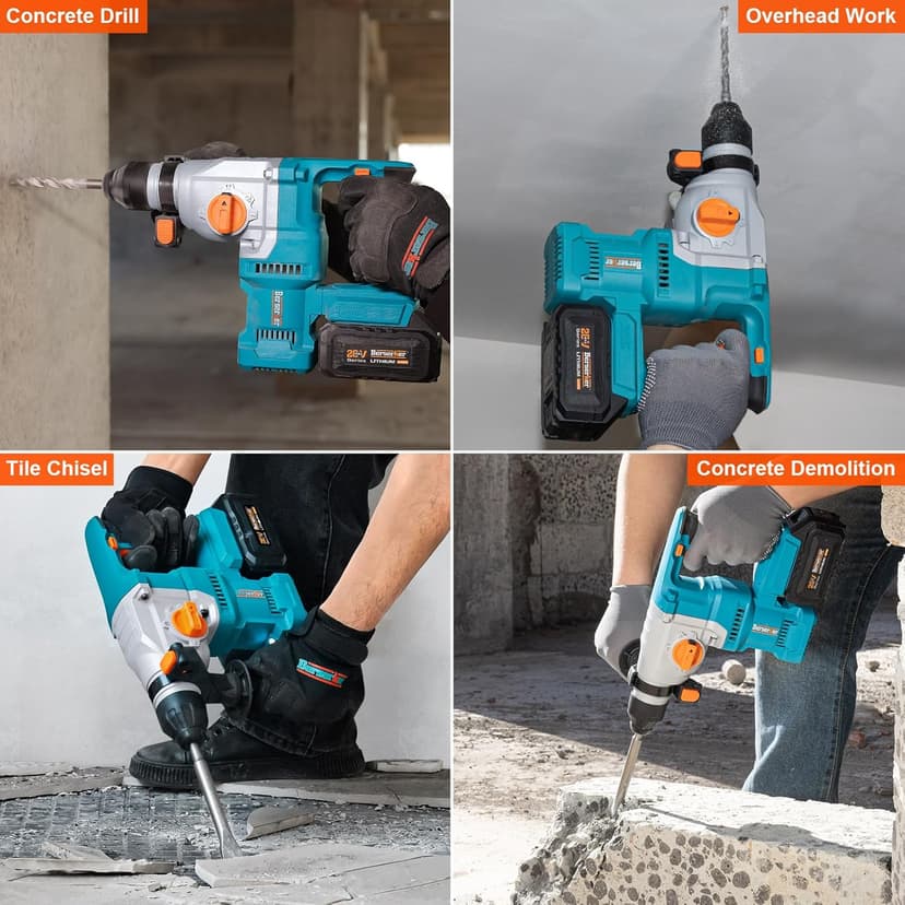 Berserker 20V Cordless 1-1/8" Rotary Hammer Drill SDS-Plus Brushless Motor with Safety Clutch, 4.0Ah Lithium-Ion Battery Powered, 3.0A Fast Charger, 4 Modes Variable Speed Rotomartillo for Concrete