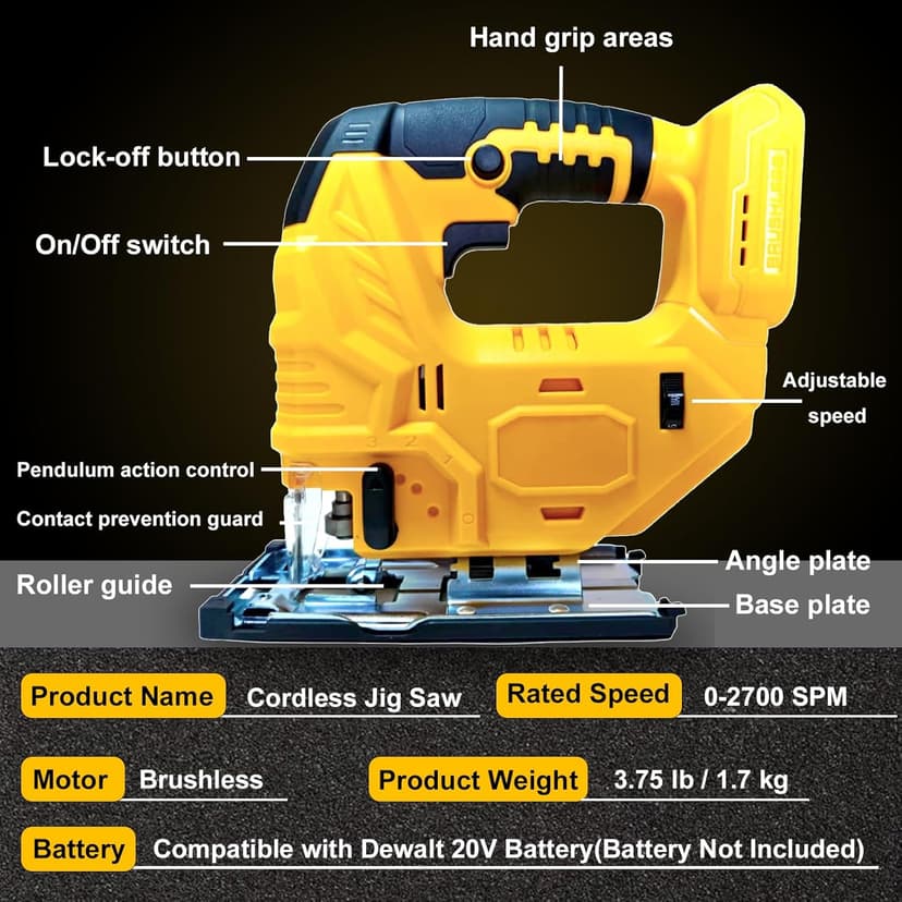 Cordless Jig Saw Compatible with Dewalt 20V Battery, Brushless Jig Saw with 6pcs Blades, 4 Orbital Sets for Wood, Plastic and Metal Cutting (Tool Only, No Battery)