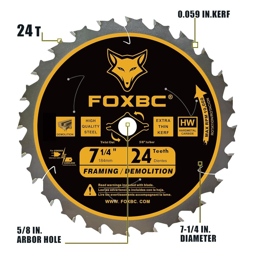 FOXBC 7-1/4 inch Circular Saw Blade 24T 60 Tooth ATB Wood Cutting with 5/8" Arbor, Diamond Knockout