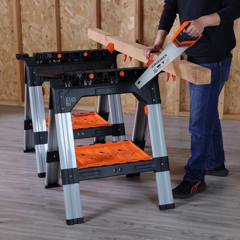 PONY 2-Pack Clamping Sawhorses, 1200 LBS Load Capacity, 30-3/4" Folding Sawhorse with 12” F Clamps, Bench Dogs, Angle Clamps, 2" Spring Clamps, Steel Legs, Heavy Duty for Woodworking