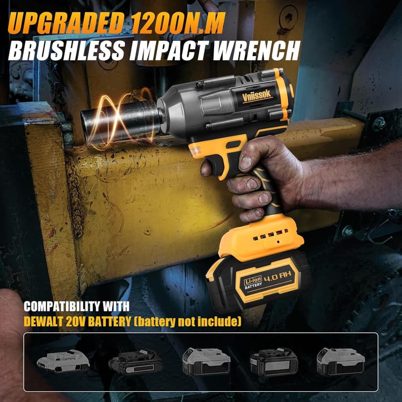 Cordless Impact Wrench 1/2 inch for Dewalt 20V Battery, 1000/1200N.m Impact Driver High Torque Brushless Electric Impact Gun Includes LED Work Light Variable Speeds for Car/Truck RV/Mower