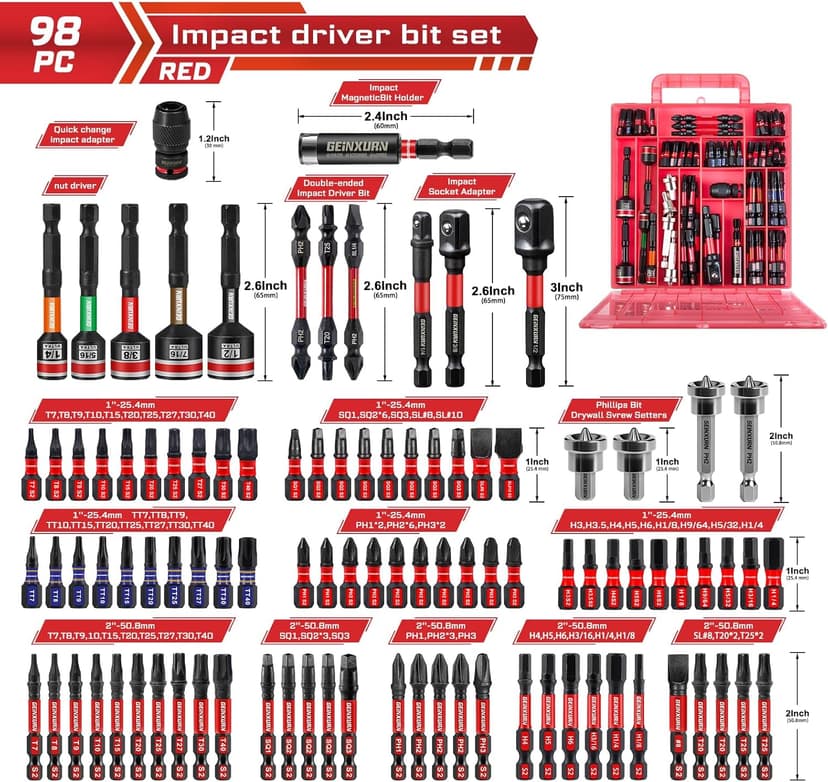 98Pieces 1”/2” Impact Screwdriver Bits Set, Magnetic S2 Steel (Phillips/Slotted/Square/Torx/Hex/Security Torx) Driver Bits Tips,Impact Bit Holder and Nut Driver with Red Storage Box Case