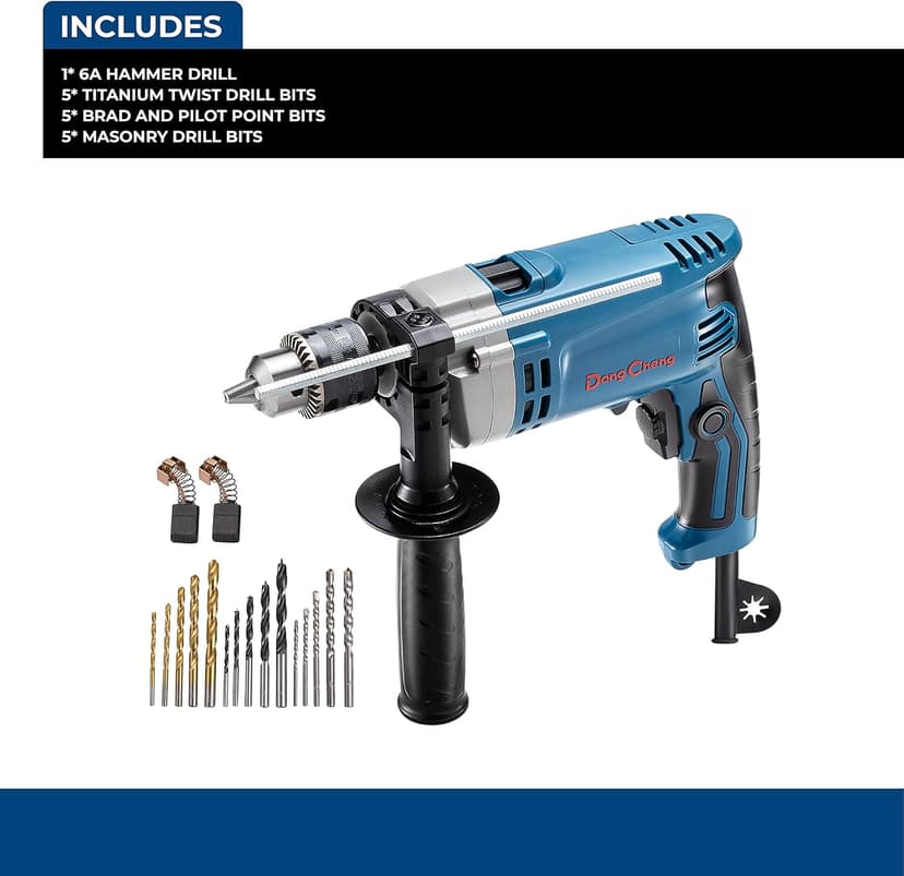 DongCheng Hammer Drill 6A,1/2 Inch Keyed Chuck, 0-3000 RPM/45000 BPM Impact Drill with 15PCS Drilling Bits for Brick Wall, Metal & Wood, DZJ05-13