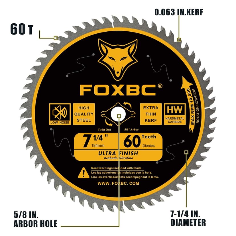 FOXBC 7-1/4 inch Circular Saw Blade 24T 60 Tooth ATB Wood Cutting with 5/8" Arbor, Diamond Knockout