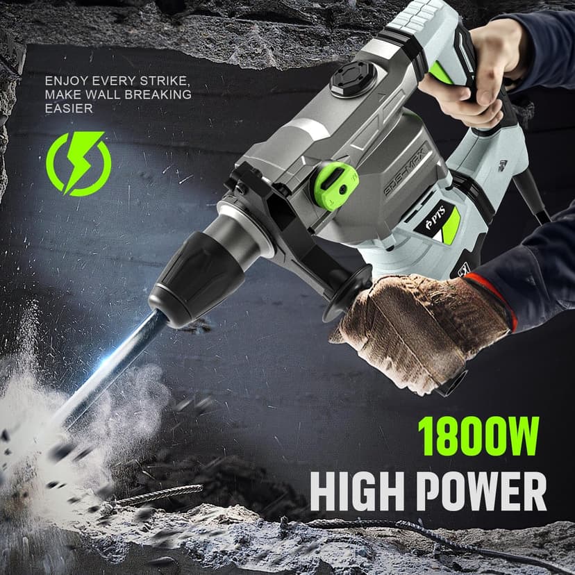 PTS 1-9/16 Inch SDS-Max Rotary Hammer, 13.5 Amp Heavy Duty 3 Functions Corded Concrete Demolition Hammer, w/Vibration Control & Safety Clutch, Includes Drill Bits, Chisels, Carrying Case (Green)
