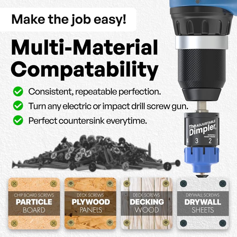 Adjustable DIMPLER ® - Drywall Bit & Screw Gun Attachment, Converts Drill into Drywall Screw Gun or Deck Screwdriver, Magnetic Bit Holder for Fast, Accurate Installation