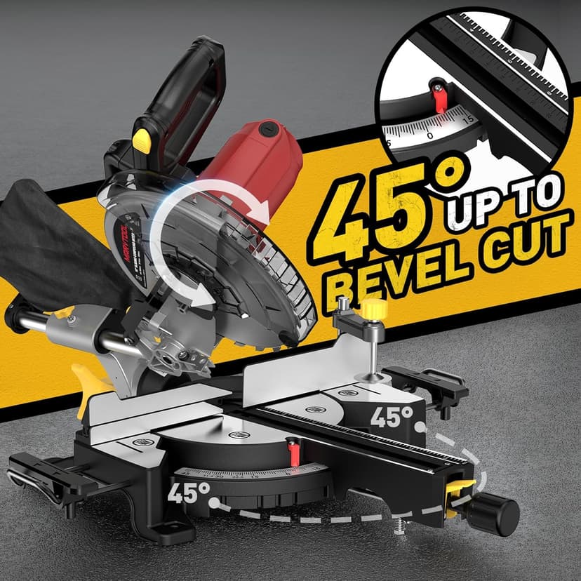 10-inch Sliding Compound Miter Saw, 5000RPM, 15 Amp, Single Bevel 0-45° with Extension Table, 36T Blade, Power Saw for Metal, Plastic, Wood, Laminates