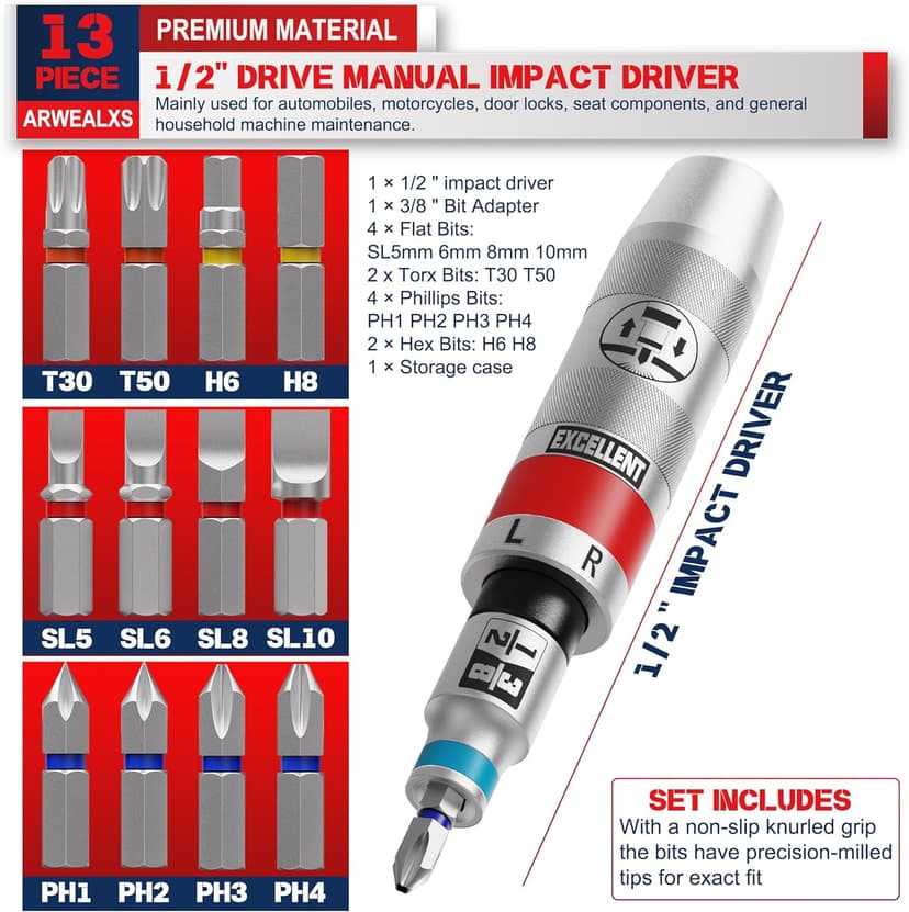 13 Piece 1/2" Drive Manual Impact Driver, Reversible Hand Impact Screwdriver Set with Slotted, Hex, Phillips Bit Kit, for Tighten and Rusted Fasteners or Frozen Bolts, with Storage Case